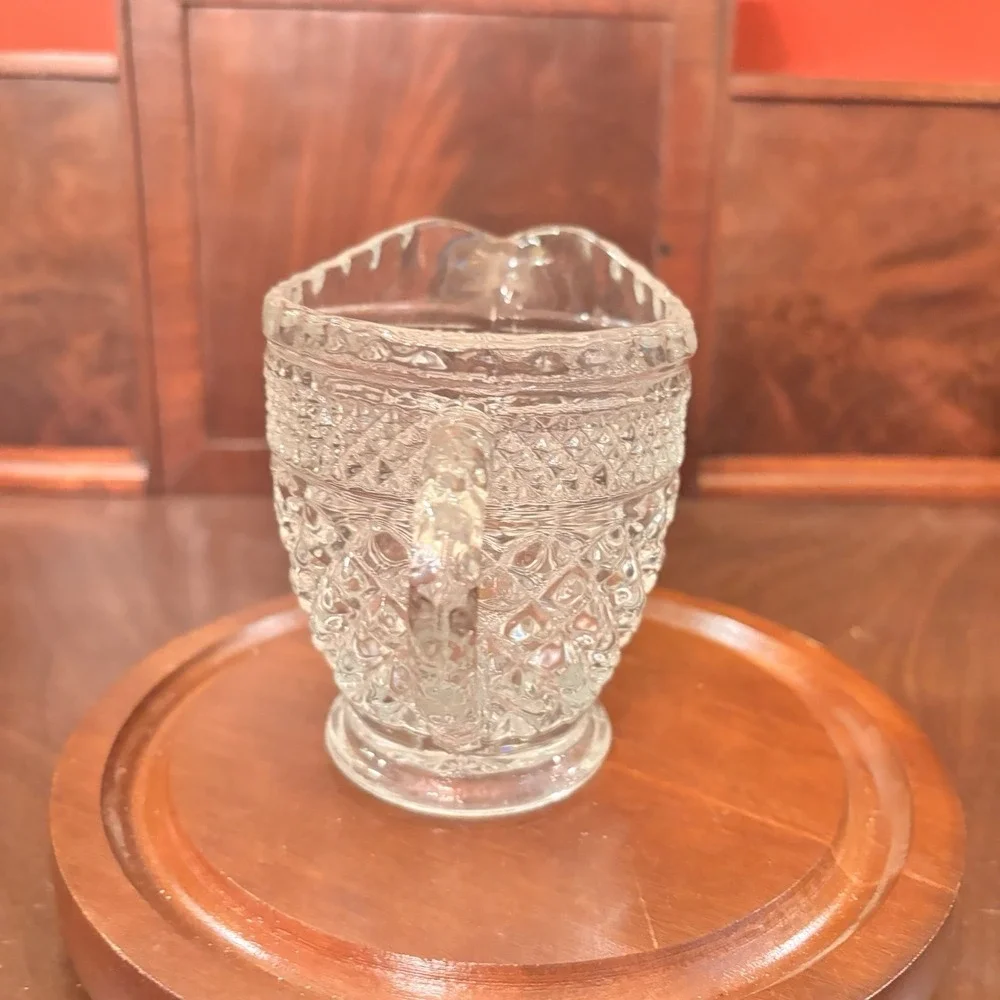 Vintage Clear Pressed Glass Creamer Diamond Pattern Footed Pitcher Scalloped Rim